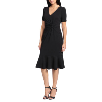 London Style Short Sleeve Midi Fit + Flare Dress, Color: Black - JCPenney
